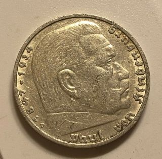 German 5 Reichsmark Silver.  900 Ww 2 Big Swastika 1937 D