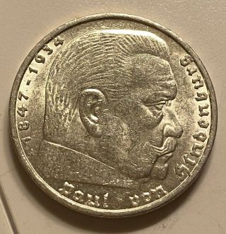 German 5 Reichsmark Silver.  900 Ww 2 Big Swastika 1937 A