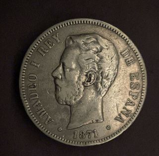 Spain 1871 Amadeo 5 Peseta.  Silver