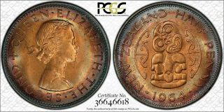 1964 Zealand Half Penny Bu Pcgs Ms64rb Circle Toned Only 8 Graded Higher