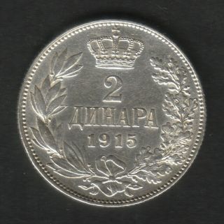 Serbia 2 Dinara 1915.  Silver Coin,  Km 26.  1