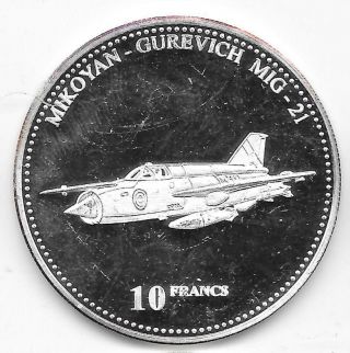 2001 Proof.  925 Silver Congo 10 Francs Aircraft Mikoyan - Gurevich Mig - 21.  59 Asw
