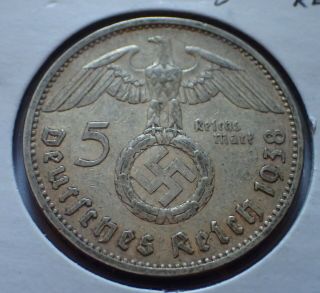 Germany Third Reich 1938a 5 Mark 90 Silver Coin Hindenburg