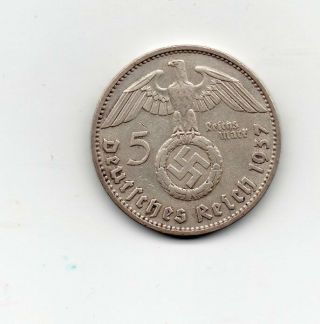 Third Reich Nazi Coin 5 Reichsmark Silver Coin 1937 D Hindenburg