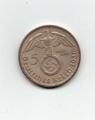 Third Reich Nazi Coin 5 Reichsmark Silver Coin 1936 A Hindenburg