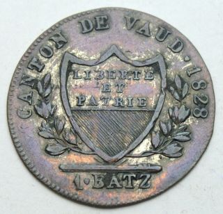 Switzerland Canton De Vaud 1 Batz 1828 Old Rare Silver Coin