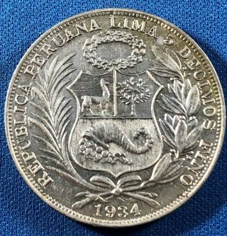 1934 Peru Un Sol Coin Silver