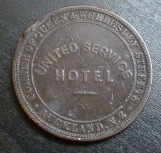 Zealand,  Auckland,  United Service Hotel One Penny 1d Token 1874 2