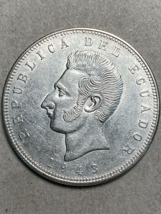 1943 Ecuador Silver 5 Sucres Au