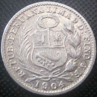 1904/804 Overstamp 1904 Peru J.  F.  1/2 Dinero Km 206.  2 - Silver Coin