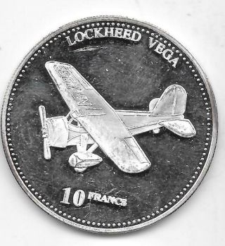2001 Proof.  925 Silver Congo 10 Francs Ww2 Aircraft Lockheed Vega.  59 Asw