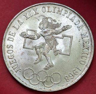 1968 Mexico Xix Olympic Games Aztec Ball Player 25 Pesos Silver Gem Bu Coin