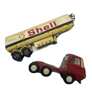 Vintage Metal Playart Shell Gasoline Truck Trailer & Red Tonka Flatbed Truck