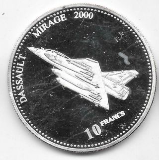 2001 Proof.  925 Silver Congo 10 Francs Aircraft Dassault Mirage 2000.  5948 Asw
