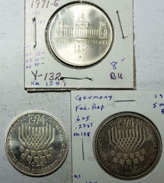 Germany 5 Mark 1971 Bu Empire; 1974 1 Proof & 1 Toned Unc.  675 Ounce Silver