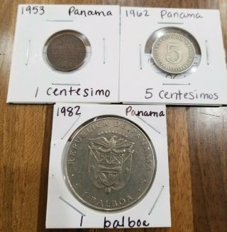 Panama Coins 1982 1 Balboa Km 76,  1953 1 Centesimo Km 17,  1962 5 Centesimos
