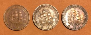 1936,  1937,  1938 Set Of 3 South Africa 1 Penny Collectible Coins