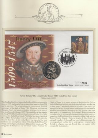 Unc Pnc Coin Cover 1997 The Great Tudor Henry Viii Falkland £2 Gb Stamp
