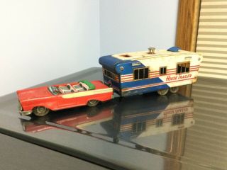 Very Old Pressed Steel Tin Toy Rambler & Camper Set.  Rare.  Good Missing Parts