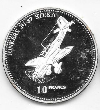 2001 Proof.  925 Silver Congo 10 Francs Ww2 Aircraft Junkers Ju - 87 Stuka.  59 Asw
