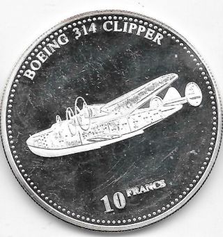 2001 Proof.  925 Silver Congo 10 Francs Ww2 Aircraft Boeing 314 Clipper.  59 Asw