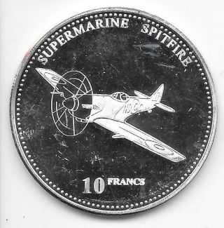 2001 Proof.  925 Silver Congo 10 Francs Ww2 Aircraft Supermarine Spitfire.  59 Asw