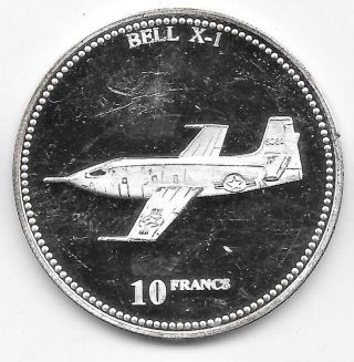 Transportation 2001 Proof.  925 Silver Congo 10 Francs Aircraft Bell X - 1.  59 Asw