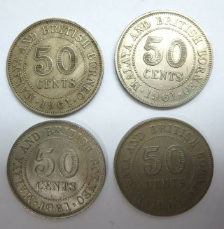 4 British Malaya & Borneo 50 Cents Nickel Coins 1961 Queen Elizabeth Ii Qeii