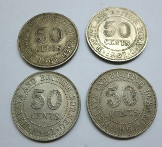4 British Malaya & Borneo 50 cents nickel coins 1961 Queen Elizabeth II QEII 2