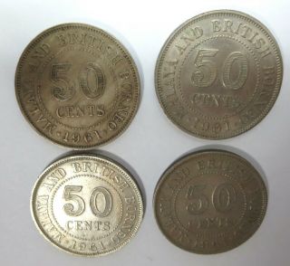 4 British Malaya & Borneo 50 cents nickel coins 1961 Queen Elizabeth II QEII 3
