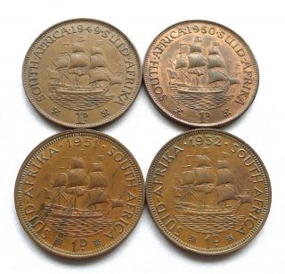 South Africa Penny X 4: George Vi,  1949,  1950,  1951,  1952,  All Good Grades.