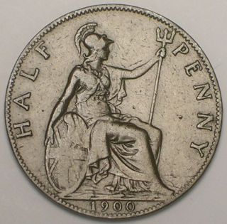 1900 Uk Great Britain British Half 1/2 Penny Old Queen Victoria Coin Vf,