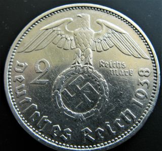 X - Rare 1938a German 2 Reichsmark Silver Nazi Swastika Germany 3rd Ww2 Reich Coin