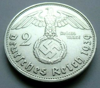 Wwii German 2 Mark - 1939 D - Silver - Coin - Big Swastika (346)