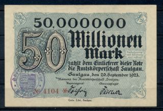 Germany 50 Millions Mark Saulgau Banknote Notgeld 1923 Vf