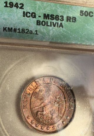 Bolivia.  50 Centavos.  1942.  Km 182a.  1.  Icg Ms63rb.  Uncirculated.