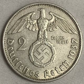 1937 - A Germany 3rd Reich 2 Reichsmark Silver Coin W/ Swastika (l201)