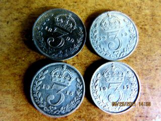 4 Uk 3 Pence Silver Coins: 1899 1913 1916 1917