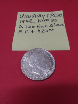 World Coin,  Uruguay,  1 Peso,  1942,  Km 30,  0.  720 Fine Silver,  Extra Fine,