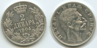 G8648 - Serbia 2 Dinara 1904 Km 26.  1 Silver Peter I.  1903 - 1918 Kingdome Serbien