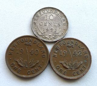 Canada - Newfoundland X 3: 1 Cent 1940,  1942,  Silver 10 Cents 1941 - C.  Avf - Aef.