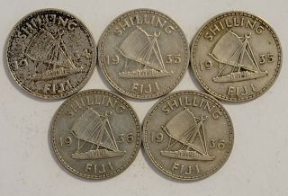 Set Of 5 Fiji 1 Shilling,  1934 - 1935 (2) - 1936 (2) 50 Silver