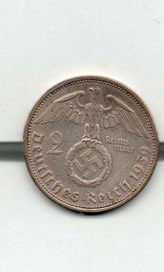 Third Reich Nazi Coin 2 Reichsmark Silver Coin 1939 A Hindenburg
