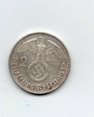 Third Reich Nazi Coin 2 Reichsmark Silver Coin 1937 A Hindenburg