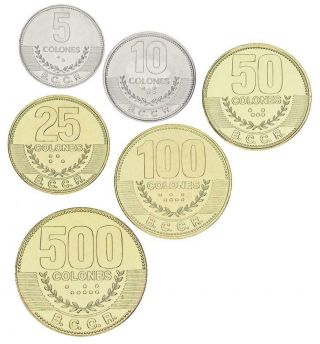 Costa Rica Set Of 6 Coins 2014 - 2016 Unc 5,  10,  25,  50,  100,  500 Colones