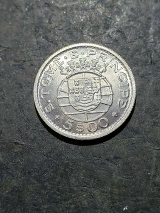 1962 Saint Thomas & Prince/sao Tome E Principe Only Yr 5 Escudos Silver Coin