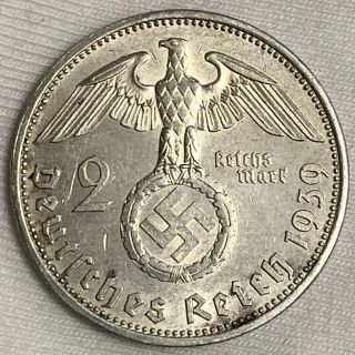 1939 - A Germany 3rd Reich 2 Reichsmark Silver Coin W/ Swastika (l077)