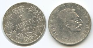 H0219 - Serbia 2 Dinara 1904 Km 26.  1 Silver Peter I.  1903 - 1918 Kingdome Serbien
