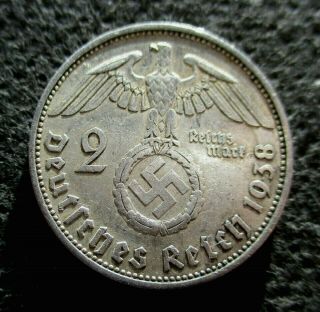 Old Silver 2 Reichsmark 1938 A Berlin Coin Third Reich Germany Swastika - 3