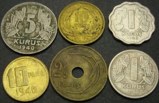 Turkey 10 Para,  1,  2 1/2,  5,  10 Kurush 1937/1940/1943/1949 - 6 Coins - 999 ¤